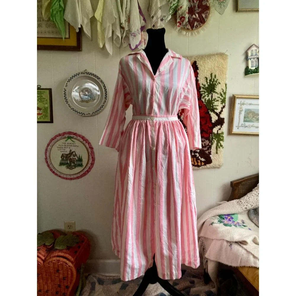 80's VTG 100% cotton coquette pastel cream & pink candy striper blouse and skirt - Picture 1 of 9